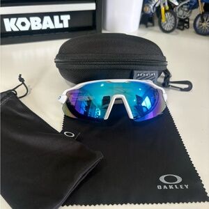 Oakley White Frame Sunglasses with Blue Mirrored Lens